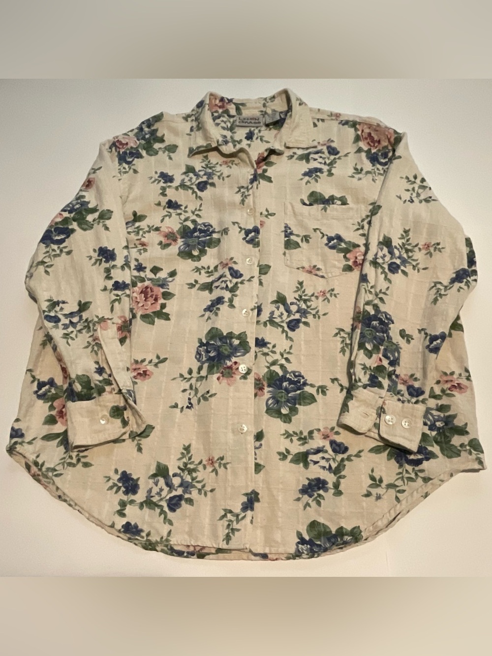 Lemon Floral Button-Up Shirt in Cream with Blue, Pink & Green 2X